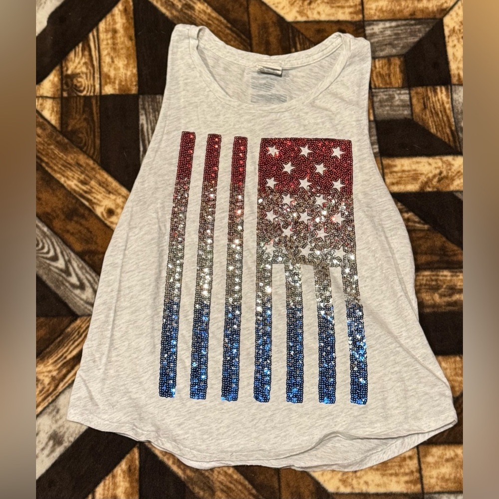 PINK Victoria's Secret Glitter Flag Muscle Tee - Red, Silver, Blue